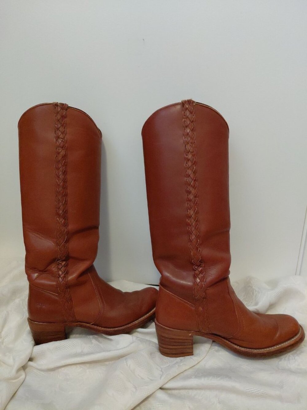 FRYE Vintage 70s Braided Sabrina Campus Boots Tall USA Made Womens 8.5 Brown - Picture 6 of 13
